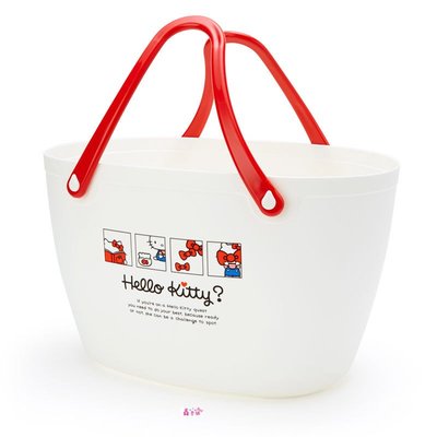 鑫本舖Hello Kitty 日製軟式塑膠手提置物籃《白紅.格圖》菜籃 洗衣籃 收納籃
