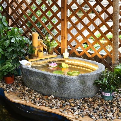下殺-仿石頭水槽噴泉流水擺件陽臺布置庭院花園造景養魚水池循環水景觀~特賣