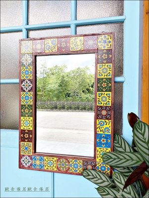 異國風 實木掛鏡子 磁磚壁鏡54*76公分 印度製原木長方鏡 仿古牆壁吊鏡 仿舊造型鏡 實木穿衣鏡 仿古掛鏡【歐舍傢居】