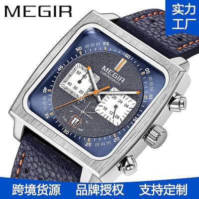 男士手錶 MEGIR跨境爆款watch手錶男男士真皮方形商務多功能計時石英手錶