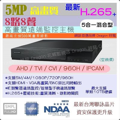 最新台灣精品昇銳 H.265 高清AHD/TVI/CVI 8路8音1080P 五合一混合式主機 手機監看 監視器 DVR