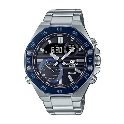 【金台鐘錶】CASIO卡西歐 EDIFICE 雙顯 八角形 賽車錶(藍牙智慧錶) (黑x藍) ECB-10DB-1B
