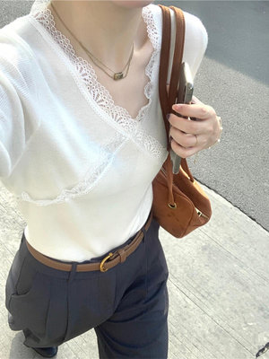 蕾絲V領長袖針織衫女秋季韓版2023新款修身   短款外穿內搭上衣