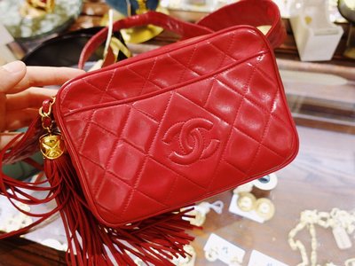 Chanel vintage mini紅色流蘇寬背帶相機包斜背包 zd