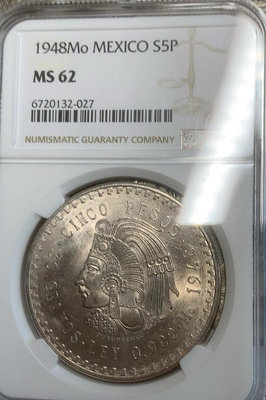【二手】 墨西哥瑪雅酋長大銀幣1948年NGC MS621089 錢幣 紙幣 硬幣【明月軒】