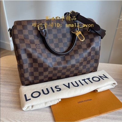 【二手正品】Louis Vuitton LV N41367 Speedy 30 棋盤格紋 拼皮革飾邊枕頭包單肩斜挎 手提包
