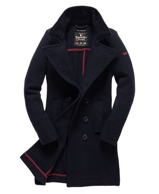 跩狗嚴選 極度乾燥 Superdry Bridge 女款 海軍深藍黑 紅 經典 高質感 翻領大衣 雙排釦 長版 羊毛外套