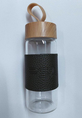 全新股東會紀念品 PSA環保玻璃水瓶 300ml 附隔熱皮革杯套 文青風仿木紋蓋 高硼硅玻璃材質