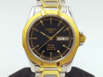 【TISSOT】TISSOT 天梭 PR100 P764 黑面自動 鍍金/不銹鋼日期星期顯示 經典男錶