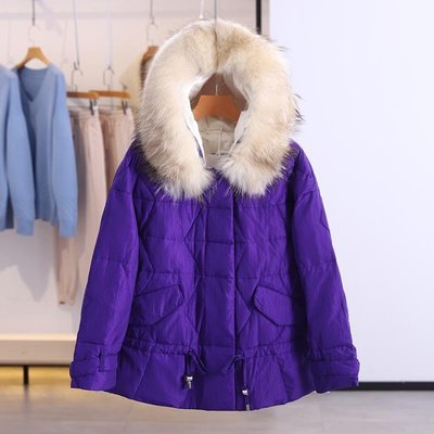 專櫃特賣  漂亮紫色保暖修身 真毛領可拆 90％羽絨外套