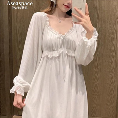 aseaspace·春秋長袖睡衣裙女宮廷風睡裙帶胸墊居家服睡裙甜美公主風家居服洋裝高級感長袖家居服裙子 女生睡