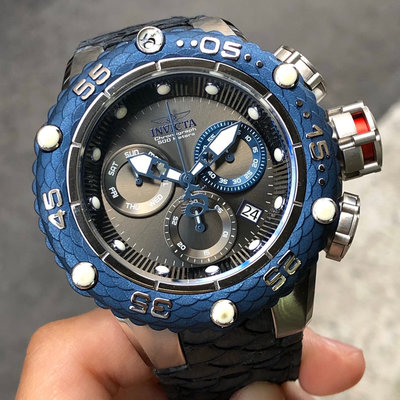 全新現貨出清價 可自取 INVICTA 25068 手錶 51mm 三眼計時 藍色錶圈 黑面盤 藍色蛇紋皮革錶帶 男錶