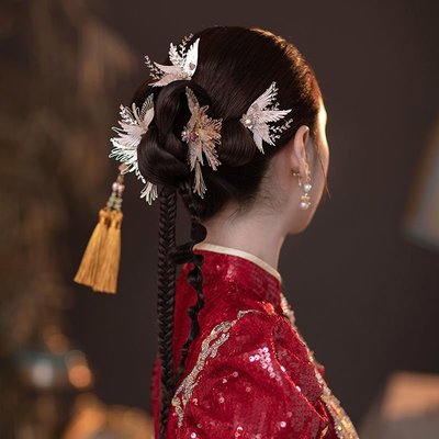 新中式千愿鶴新娘頭飾手工飾品減齡古裝后區盤發仙鶴發~特價