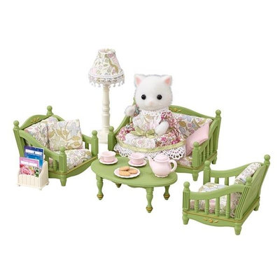 正品 森林家族森貝兒家族限定波斯貓復古綠色沙發茶幾客廳套過家家玩具