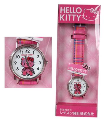 【卡漫迷】 Hello Kitty 皮革 女錶 格紋 ㊣版 手錶 卡通錶 日本製 凱蒂貓 鐵框錶 兒童