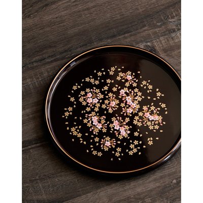 現貨熱銷-日本進口山中漆器手繪樹脂漆器櫻花圓形日式托盤茶盤茶具盤子