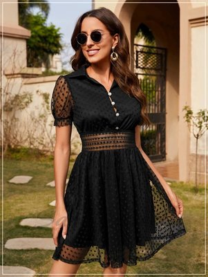 洋裝 黑色波點網紗前紐扣短袖 歐美流行時尚女裝連身裙連衣裙小禮服有中大尺碼H4356