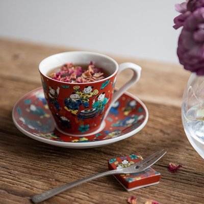 日本進口九谷燒彩繪陶瓷咖啡杯杯碟套裝日式傳統吉祥紋紅茶杯禮物