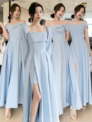 現貨熱銷-藍色伴娘服2023年新款春季薄款緞面藍色仙氣質姐妹團顯瘦簡約禮服爆款