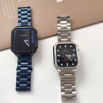 經典不銹鋼三珠錶帶+電鍍鎧甲錶殼套裝 Apple Watch 4/5/6/SE 7代 金屬錶帶 40 42mm 45mm