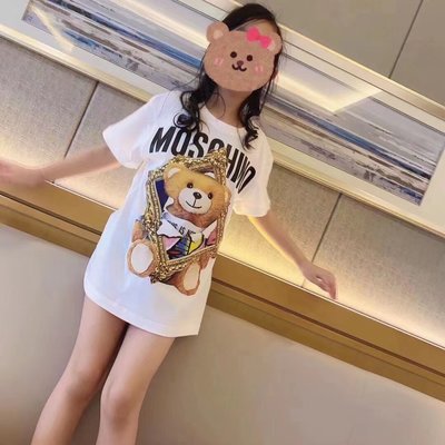 歐洲MOSCHINO潮牌22夏季新款小熊相框純棉女童裝短袖T恤上衣