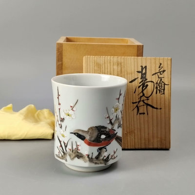 可議價-17。鈴木爽司造日本色繪花鳥茶碗。未使用品帶原箱。S【店主收藏】41432