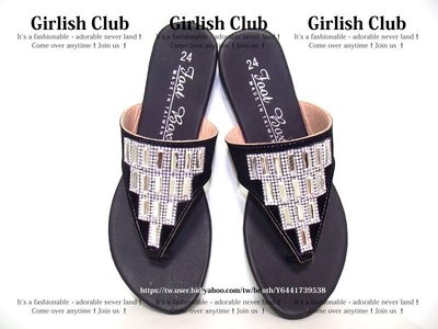 【Girlish Club】水鑽夾腳T字人字拖鞋38號(24)黑(m600)havaianas 海灘涼鞋二三一元起標