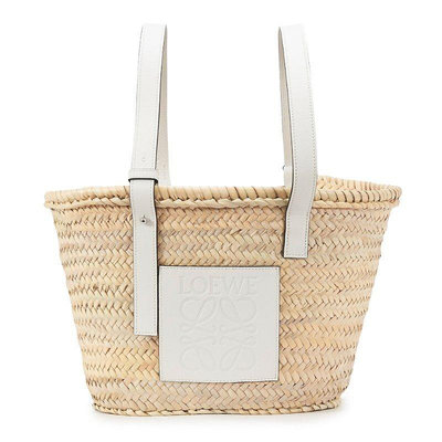 【LOEWE 羅威】Medium Basket 中款 棕櫚葉拼小牛皮 托特包 編織包 草編包 原色 白色