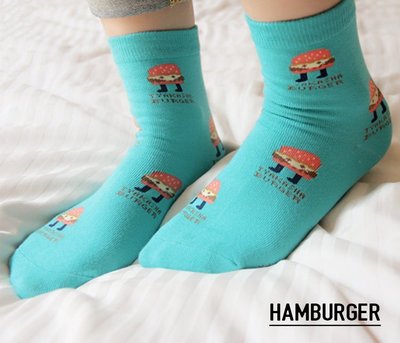 襪子【FSW023】可愛漢堡中筒襪 長襪 中筒襪 螢光色 氣墊襪 純棉 毛巾襪 收納女王