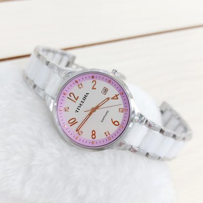 ＊迪奧小店＊日本Tivolina白陶瓷銀邊不鏽鋼手錶/數字方鑽粉紫圈/藍寶石水晶鏡面/特價❣