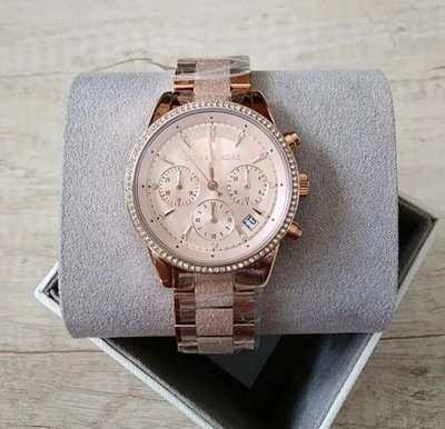 MICHAEL KORS 水鑽圈 玫瑰金色不鏽鋼錶帶 三眼計時 石英 女士手錶 MK6598