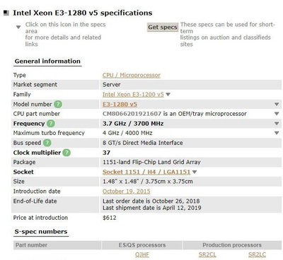 Intel Xeon E3-1280 V5，正式版(SR2LC)，FCLGA1151