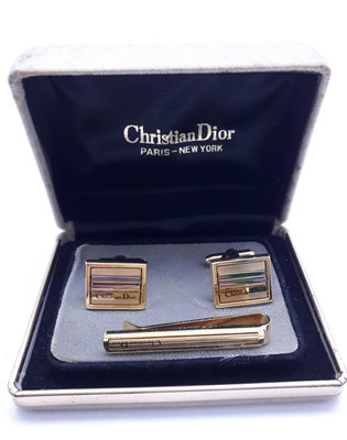 Dior( christian dior) 迪奧金色短領帶夾及方形袖扣