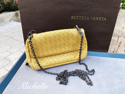 米雪兒精品~二手BV Bottega Veneta小雞黃小羊皮編織雙層鏈袋迷你斜背包斜跨包