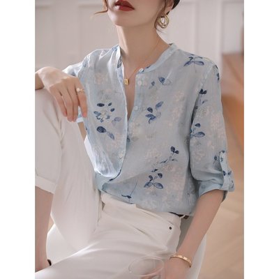 雲邊-春夏新款小立領高級苧麻七分袖上衣 韓國時尚印花棉麻短袖百搭絲麻襯衫