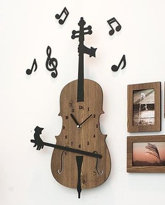 5192A 歐式 大提琴造型牆鐘 音樂提琴牆面時鐘靜音鐘擺飾鐘創意木質掛鐘