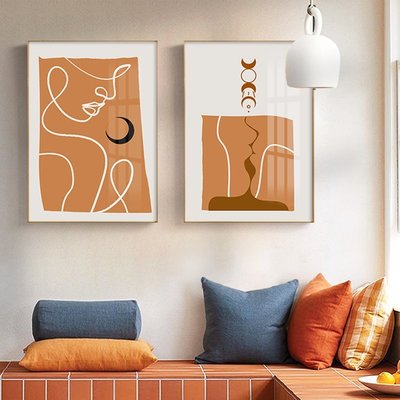 下殺 (null)(null)北歐風格抽象線條人物裝飾畫客廳沙發背景墻掛畫臥室橘色個性壁畫