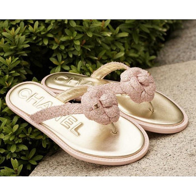 二手 Chanel G31577 Thongs camellia sandles 毛呢山茶花涼鞋 粉紅 正品