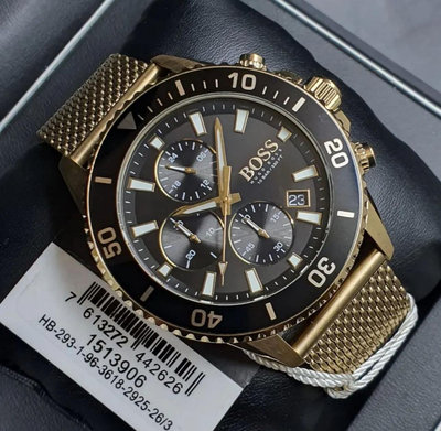 HUGO BOSS Admiral 黑色面錶盤 金色不鏽鋼編織錶帶 石英 三眼計時 男士手錶 1513906