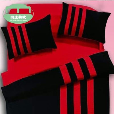 §同床共枕§ 天絲絨 三條線運動風 雙人5x6.2尺 薄床包薄被套四件式組-黑紅