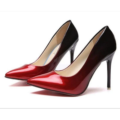 漸層黑紅色大碼小碼胖腳女鞋7cm細跟肩頭顯瘦高跟鞋男士cosplay偽娘鞋33號-50號
