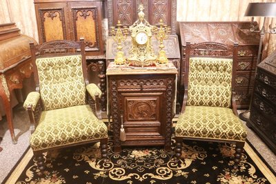 【家與收藏】稀有珍藏歐洲百年古董法國古典優雅手工木刻橄欖綠花絨布法國沙龍椅/沙發椅 2