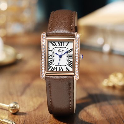 現貨手錶腕錶歌迪新款時尚鑲鉆長方形錶盤簡約休閑百搭復古風皮帶防水石英腕錶