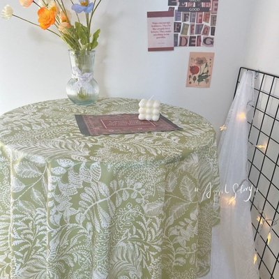 亞麻布料春日綠色植物桌布印花蕾絲花邊復古風拍攝背景布裝飾花布