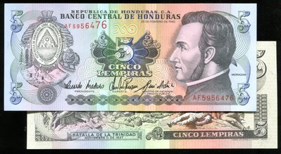 HONDURAS（宏都拉斯紙鈔），P63c，5-LEMP.，1993，品相全新UNC
