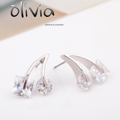 Olivia Fashion 耳針耳環 方形圓形鋯石櫻桃樣式厚鍍14K真金耳針耳環【N02153】