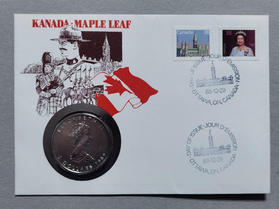 限量版加拿大楓葉銀幣+銀幣鑄造嵌幣紀念封一枚，1988年12