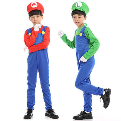 Kids Boys Girls Super Mario and Luigi Fancy Dress Plumber Bros Halloween Costume