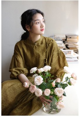 夏秋高級少女感新中式國風棉麻茶色白色連衣裙220621