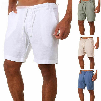 男士夏季短褲亞麻棉沙灘短褲男士透氣薄短褲輕便抽繩短褲